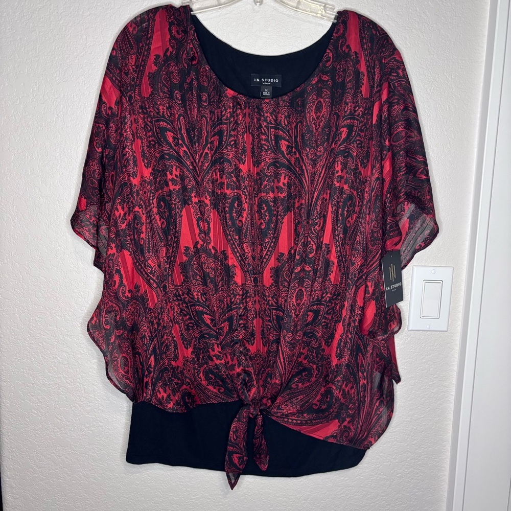 I.N. Studio Red and‎ Black Dolman Sleeve Tie Front Blouse